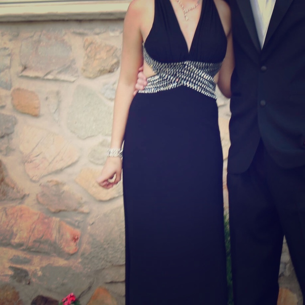 Long cut out back black prom dress
